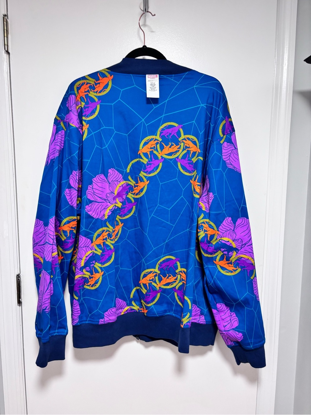 Reversible Marvel Blue Bomber Jacket with Purple Floral and Orange Chain Details - Picture 3 of 16
